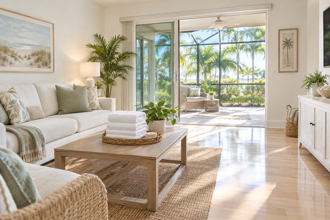 Bright, freshly cleaned living room with sunlight from a screened porch